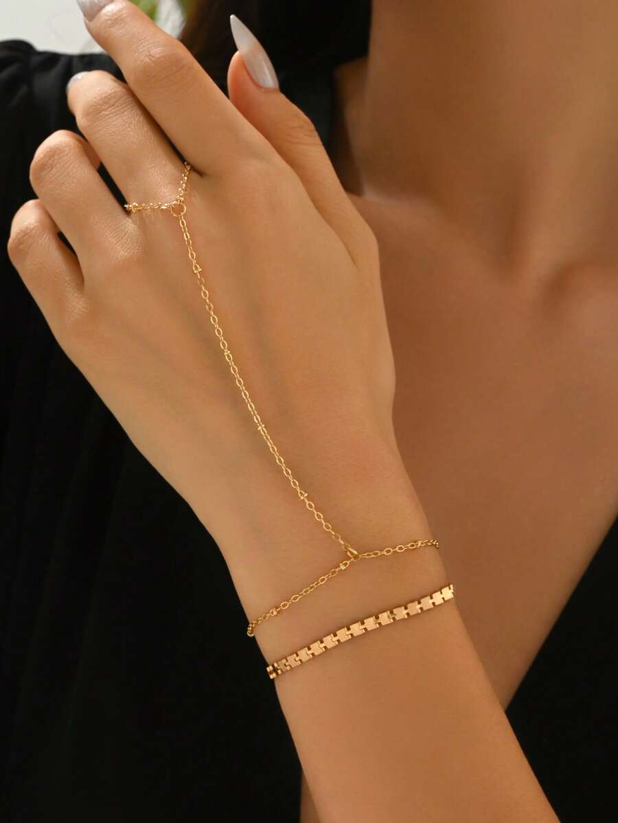 2pcs/Set Minimalist Gold Beaded Handmade Chain Finger Ring Bracelet, Fashionable & Elegant For Daily Wear And Photoshoot. The Handmade Chain Is Customized In Length With Random Number Of Beads. - Multicolor - View 1