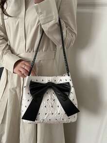 1pc White Embossed Fabric + Black Bow Accent One Shoulder Tote Bag, Open Top Design, Sweet & Cool Style, Suitable For Women Everyday/Commute, All Seasons - White - View 2