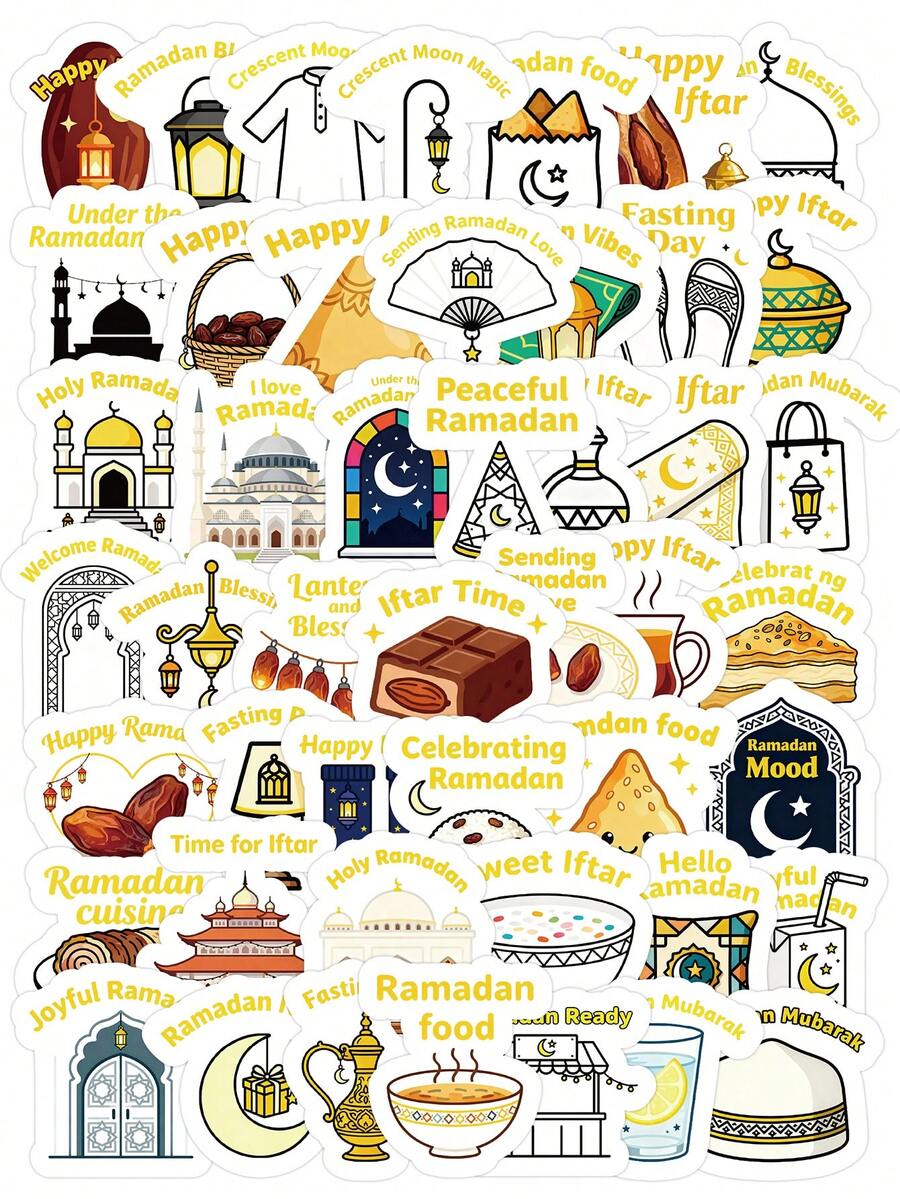 100 PCS Ramadan Stickers, Crescent Moon Mosque & Lantern Cartoon Decals, Islamic Festival Gift For Journal, Phone Case, Eid Mubarak Decor - Ramadan - View 1