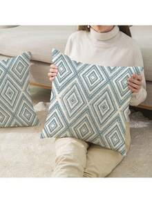 2个装饰枕套，几何图案靠垫套，100%低过敏性聚酯纤维枕套，复古亚麻材质，隐形拉链，可机洗，简约时尚线条图案，家居装饰枕套，适用于沙发、客厅、卧室，不含枕芯 - 淺藍色 - 查看 5