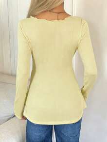 女士黄色针织长袖上衣，性感纯色V领荷叶边收腰修身款，适合夏季和情人节穿着 - 黃色 - 查看 3