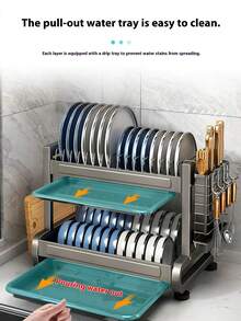 1 Piece Double-Layer Metal Dish Drying Rack, Carbon Steel Kitchen Dish Drying Rack, Countertop Dish Organizer With Utility Tray, Rust-Proof Compact Dish Drying Rack, Portable Modern Dish Organizer For Cups, Plates And Bowls - Black - View 3