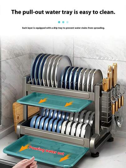 1 stuk dubbellaags metalen afdruiprek, afdruiprek van koolstofstaal voor in de keuken, afdruiprek voor op het aanrecht met opbergvak, roestvrij compact afdruiprek, draagbaar modern afdruiprek voor kopjes, borden en kommen