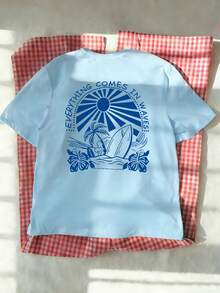 Women's Summer New Simple Tree Beach Print Leisure Vacation Style Loose Versatile Round Neck Blue Short-Sleeved T-Shirt Fashionable Daily Tops Suitable For Daily Vacation Wear - Baby Blue - View 6