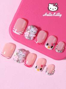 SANRIO 24片短方形3D闪粉凝胶美甲贴纸，包含可爱的3D蝴蝶结、花朵、水钻和豹纹装饰，粉色少女风，完美贴合假指甲，内含1瓶胶水和1个指甲锉，适合日常和派对场合。 - 彩色 - 查看 3