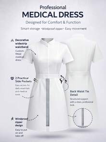 cimmuovere Women's Stand Collar Contrast Color 2 In 1 Short Sleeve Scrubs Dress, Nurse Uniform, Workwear For Dentist, Healthcare, Pet Hospital, Laboratory - White - View 1