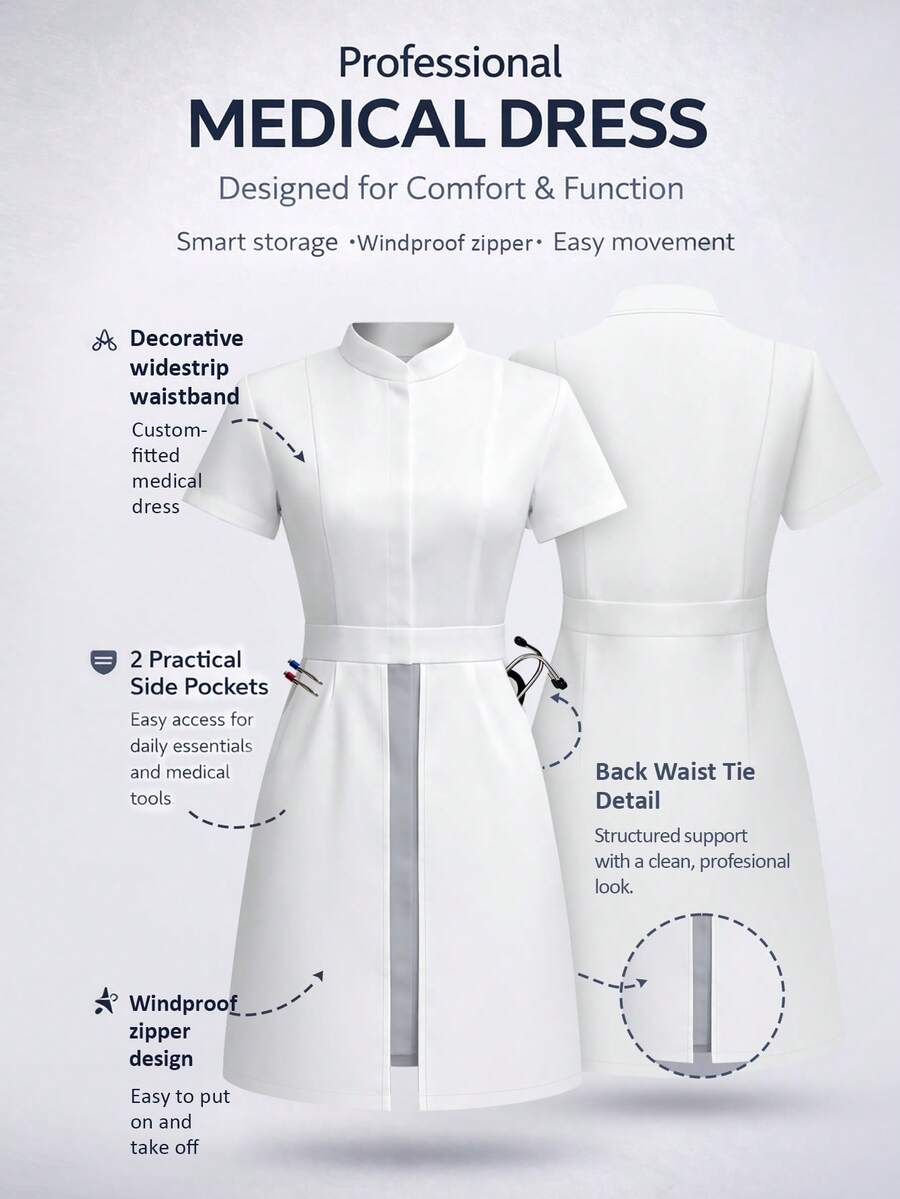 cimmuovere Women's Stand Collar Contrast Color 2 In 1 Short Sleeve Scrubs Dress, Nurse Uniform, Workwear For Dentist, Healthcare, Pet Hospital, Laboratory - White - View 1