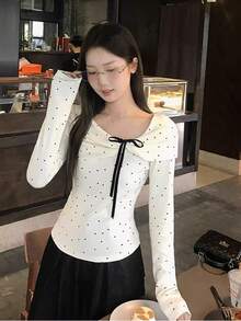New Korean Style Polka Dot Oblique Collar Long Sleeve Women Blouse With Unique Bow Design, Slim Fit And Versatile - Apricot - View 5