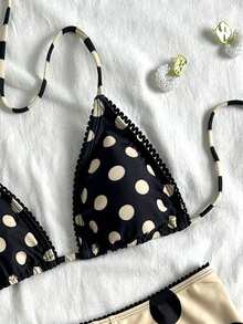 2026 Spring/Summer New Polka Dot Pattern Women's Triangle Bikini Two Pieces Swimwear, High-Waisted With Removable Pads, Halter Tie Neck, Suitable For Beach Vacation, Sexy Bikini Set - Khaki - View 4