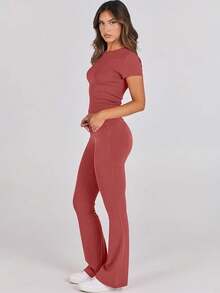 Lounge Sets For Women 2 Piece Foldover Yoga Flare Leggings Pants Crop Tops Casual Y2K Outfits Matching Tracksuit Set/Vacation Outfits Women - 桃 - 查看 2