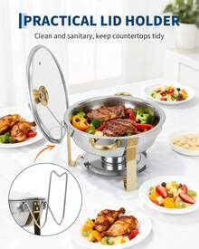 5QT 4 Packs Chafing Dish Buffet Set Gold Accent,  Round 316 Stainless Steel Buffet Warmer Chafers And Warmers Sets With Glass Lid & Lid Holder For Valentine's Day Gatherings Catering Events Parties Weddings Dinners - Nắp kính mạ vàng một phần với họa tiết hoa mai. - Xem 8
