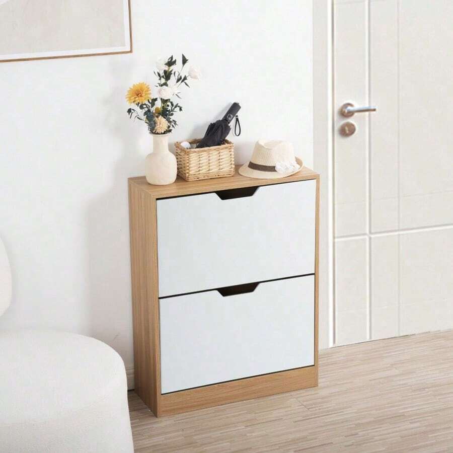 下駄箱 2段 2層 シューズラック 玄関収納 ひとり暮らし スリムタイプ 靴収納 ラック 靴収納棚 安定 ナチュラル+ホワイト - ナチュラル+ホワイト+パーティクルボード1 - チェックする 1