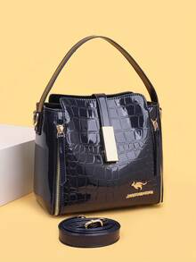 女士漆皮手提包，高品质内部插袋，皮革水桶包，女士单肩包，奢侈品牌斜挎包 - 藍色 - 查看 3