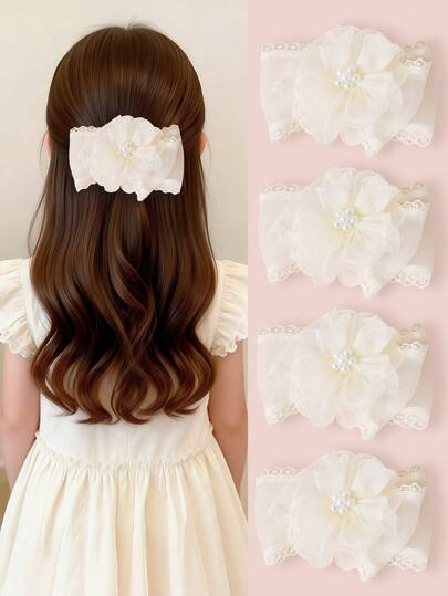 1 st. hårspänne i beige mesh med asymmetrisk blommig rosett för flickor, elegant spetskant + glänsande pärldesign, modern och lätt, oumbärlig håraccessoar för pendling och utflykter