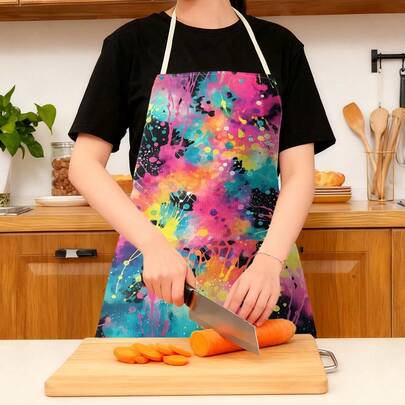 一件扎染艺术图案印花无袖围裙，100% 涤纶材质，颈带设计，适合烹饪、烘焙和招待客人，是居家、餐厅、派对、户外烧烤的理想之选。| 色彩鲜艳的围裙 | 涤纶围裙 | 印花围裙