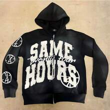 SAME HOOD Vintage-Inspired Oversized Hoodie - Distressed Design With Print & Patches - Couples Zip-Up Sweatshirt For Men - Hip-Hop Style Loose-Fit Pullover Jacket - Fashionable Fall Essentials With Pocket - Streetwear Staple For Men's Fashion - Black - View 2