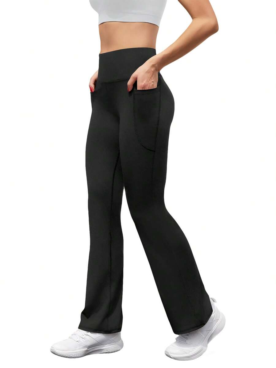 LKESRC Women's High Waisted Pocket Yoga Pants Seamless Flare Bootcut Athletic Casual Trousers - 黑色 - 查看 1