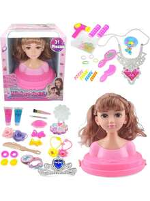 31pcs/Set Styling Head muñeca, Cabeza de muñeca para peinar de niña, Styling Head Princess Mini, con cremas capilares, Peine, Espejo, Corona, Collar, Caja de Maquillaje, Regalos para niñas,40980982 - Multicolor - Ver 1