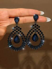 2对银白色、藏蓝色、黑色水晶流苏耳环，女士个性街头风水滴形吊坠耳环 - MS451 - 查看 7