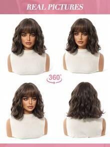 12英寸流行迷人棕色深波浪波波头假发，清新创意假发，耐热合成纤维，配有可调节透气帽，透气性好。 - 棕色 - 查看 9