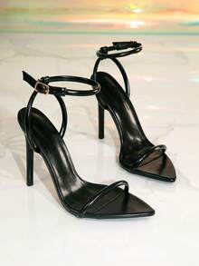 Giày sandal cao gót một mảnh màu đen, quai tròn, hở mũi, mũi nhọn, thanh lịch, thoải mái, thời trang và gợi cảm dành cho nữ, thích hợp cho mùa xuân/hè. - màu đen - Xem 2