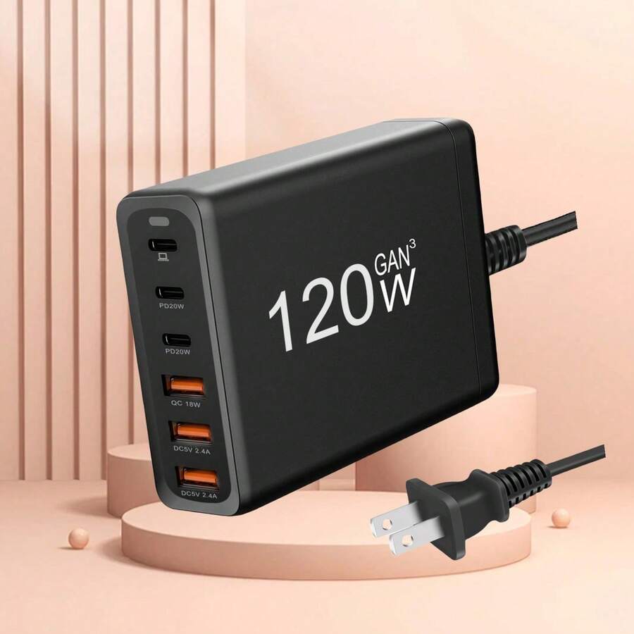 防震氮化镓快速充电站，办公桌配件，6端口（3个USB-C接口，3个USB-A接口），120W桌面多设备充电器，兼容充电盒，可折叠设计，带延长线，适用于家庭办公室，情人节礼物 - 美規A型插(110-127V) - 查看 1