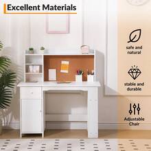 Kids Desk, Study Desk And Chair Set For Boys And Girl, Wooden Kids Writing Table With Bookshelf, Bulletin Board, Cabinet And Drawer For Ages 3-8 - White - View 5