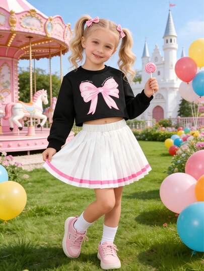 2pcs/Set Girls' Spring/Summer Long Sleeve Top And Pleated Skirt Set, Sweet School Style With Black Cropped Top, Pink Bow Print And White Pleated Skirt With Pink Trim, Loose And Comfortable Fit, Versatile Daily Outfit