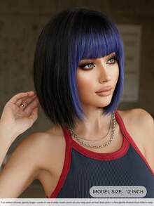 7JHH WIGS 12英寸女士黑色短直发假发，带蓝色刘海，全机织耐热合成纤维，适合日常、派对、音乐节、庆典和角色扮演。 - 藍色 - 查看 4