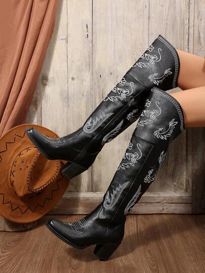 FVPFVP Vintage Embroidered Western Cowgirl Boots For Women, New 2025 Summer Riding Boots, Chunky Heel Brown Tall Boots, Slim Fit Women Shoes