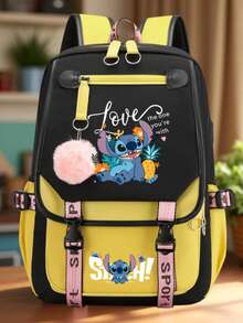 Stitch Student Backpack, Classic Cartoon Print Backpack - Cute Blue And Pink Zipper Closure, Laptop Compartment, Durable Polyester Material, Lightweight And Fashionable, Suitable For Commuting And Back To School Essentials, Padded Shoulder Straps With Safety Zipper Closure, Travel Daypack, Interesting Design, Sturdy Construction - Multicolor - View 15