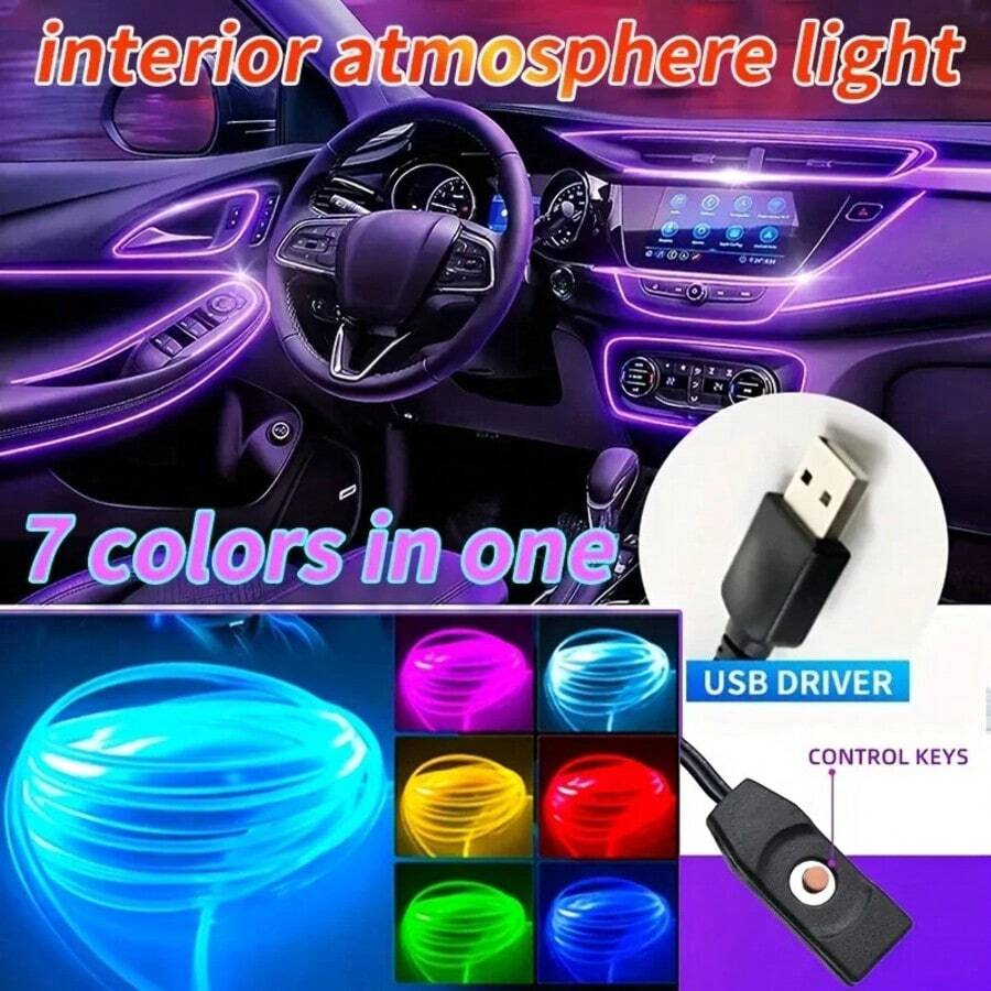 Car Interior LED Light Strip, RGB USB Powered LED Light Kit, Fiber Optic Light Strip, Music Sync Rhythm Applicable For Car Doors, Center Console And Dashboard