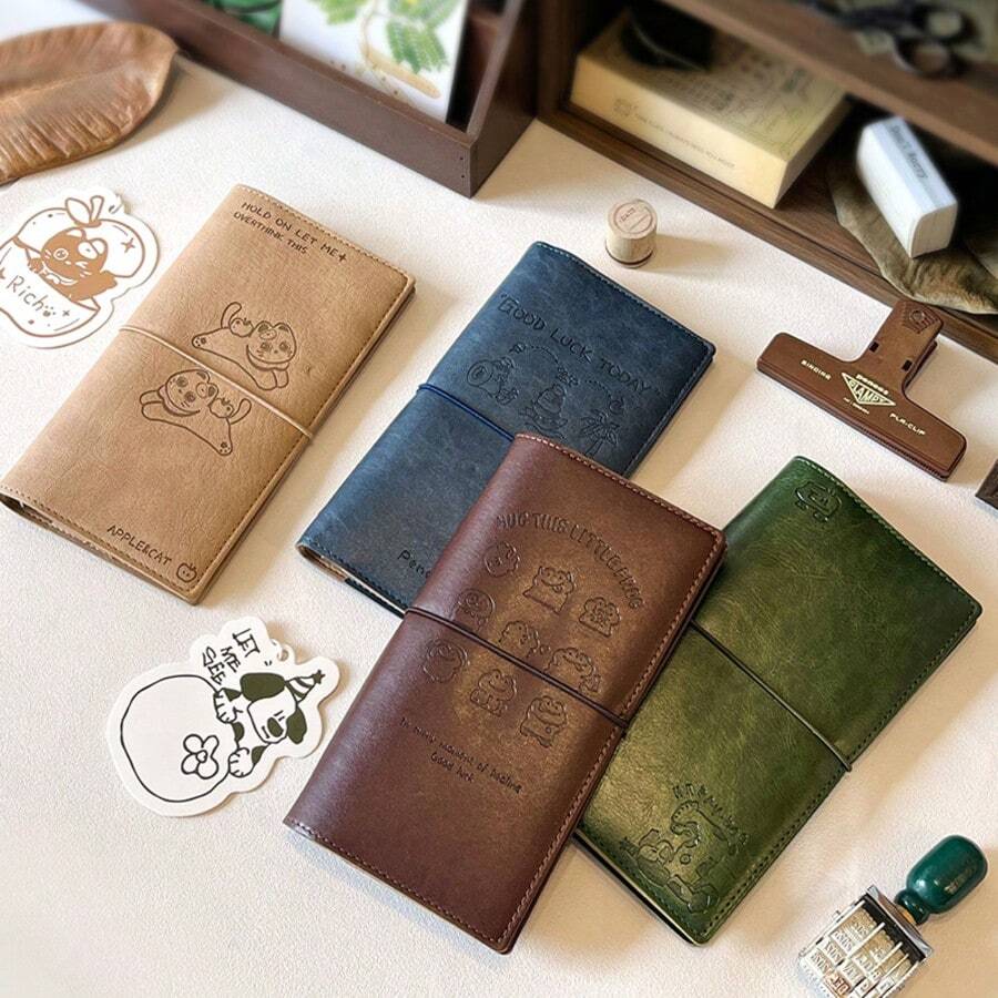 1 Peça Caderno com Capa de Couro PU Vintage, 68 Páginas, Diário de Viagem com Padrão em Relevo, Adequado para Estudantes, Viajantes, Diário, Bloco de Notas Portátil com Alça - Cachorro de feijão malhado - Visão 1