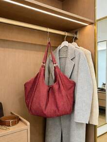 Large Capacity Plaid Pattern Shoulder Bag, Zipper Closure Burgundy Ladies Crossbody Bag, Casual Versatile Tote Bag, Suitable For Work, Study, Travel - Redwood - View 8
