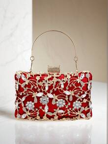 Women's Evening Clutch Bag With Metal Handle, Diamond Decor, Wedding Gold Clutch Purse With Chain Shoulder Strap - Red - View 7