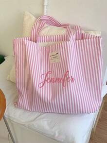 Customizable Striped Tote Bag With Name Logo And Floral Text, Canvas Underarm Handbag, Large Capacity Beach Tote And Shoulder Bag - Pink - View 6