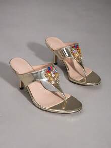 女士新款水钻细高跟鞋，时尚户外派对百搭鞋 - 金色 - 查看 7