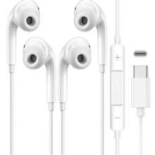 FCV 1副USB-C接口耳机，内置线控，有线耳机，低音增强，Type-C接口，120mm线长，兼容 17/16/15、安卓手机和笔记本电脑，公对公连接器，支持音乐和通话控制 - 白色 - 查看 1