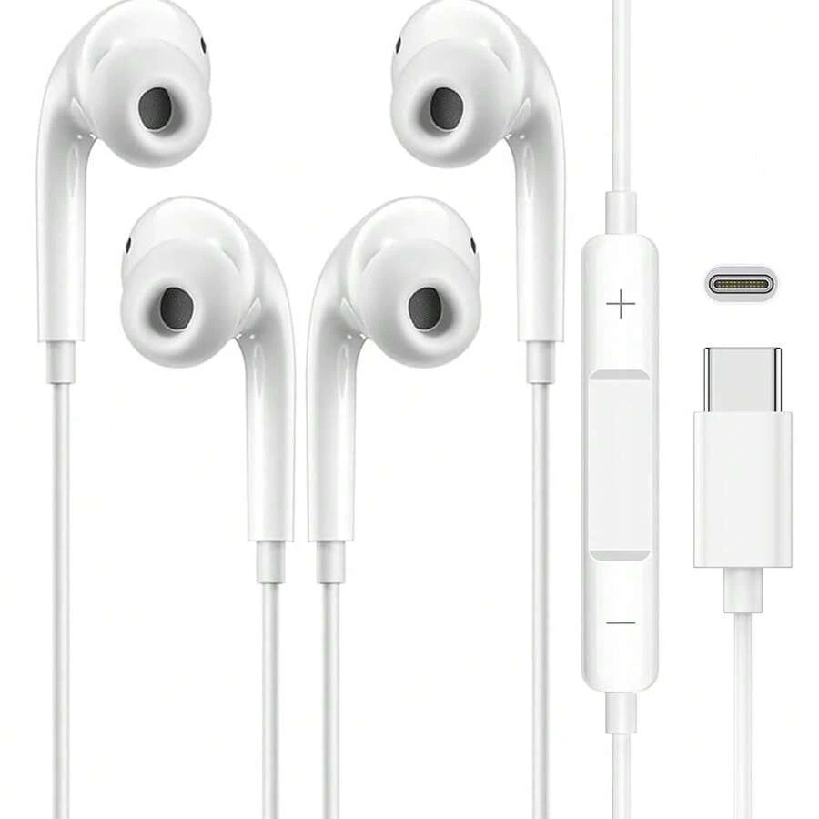 FCV 1副USB-C接口耳机，内置线控，有线耳机，低音增强，Type-C接口，120mm线长，兼容 17/16/15、安卓手机和笔记本电脑，公对公连接器，支持音乐和通话控制 - 白色 - 查看 1