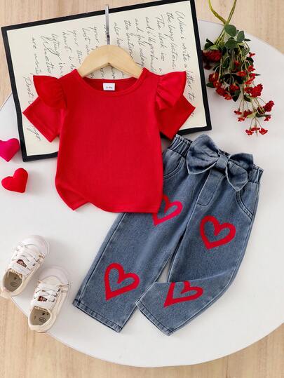 2pcs/Set Baby Girls Casual Red Ribbed Ruffle Sleeve Top And Heart Print Bow Waist Denim Pants Set