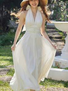 情人节优雅V领雪纺夏季连衣裙 女士纯色露背吊带婚纱派对舞会礼服 女士假日度假沙滩连衣裙套装 春季 - 米色 - 查看 4