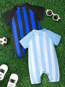 Purechapter 2pcs/Set Baby Boys' Fashion Soccer Jersey Romper Set, Striped Letter Pattern Button-Front Baseball Collar Jumpsuit, Casual Versatile, Suitable For 1-18 Month Boys & Girls Daily Wear, Party & Holiday - Multicolor - View 2