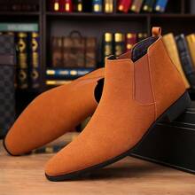 Men's Suede-Like Chelsea Boots - Pointed Toe Casual Formal Ankle Boots For Date/Office - 橘色 - 查看 2
