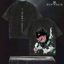 Camiseta Rock  , Camisa Vintage Lavada de Doble Impresión, Ajuste Oversized, Algodón Pesado, Merch de Artes Marciales Anime 2025, Regalo para Fans - Negro - Ver 1