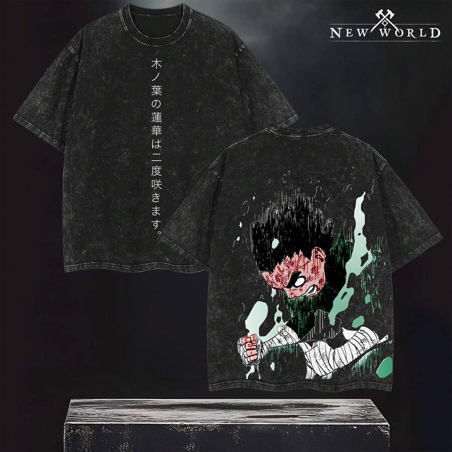 Camiseta Rock , Camisa Vintage Lavada de Doble Impresión, Ajuste Oversized, Algodón Pesado, Merch de Artes Marciales Anime 2025, Regalo para Fans - Negro - Ver 1