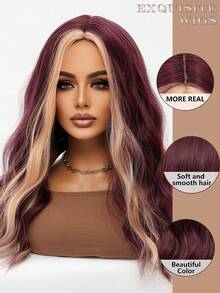 clouder Gothic Punk Grape Red Highlighted Orange Long Wavy Curly Wig 26-Inch Center Part Bangs Heat-Resistant Synthetic Fiber Wig Women's Soft Voluminous Curls Suitable For Daily Cosplay, Street Style, Holiday Parties, Music Festivals, Y2K Aesthetic, Avant-Garde College Style, Modern Fashion Punk Looks - 挑染棕色 - 查看 8