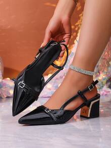Synthetic Leather Pointed Toe Chunky High Heel Sandals, Formal Party Fashion Versatile Summer - Black - View 7
