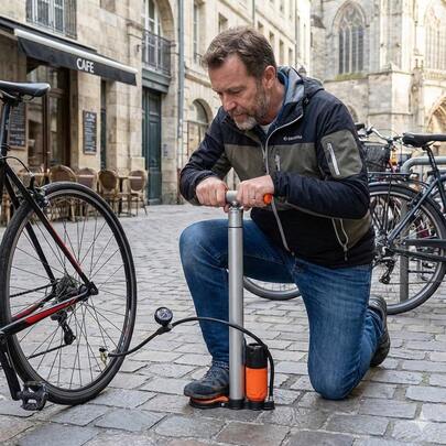 Bomba de chão de alta pressão para bicicletas, 58 cm, com manômetro, inflador de ar de ferro resistente para bicicletas de estrada e montanha, bomba manual portátil com bicos multiválvulas para bolas e pneus (prateada)