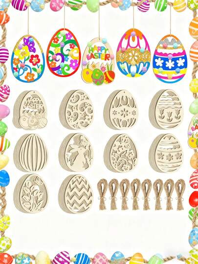 30Pcs Wooden Easter Egg Ornaments DIY Crafts Kit Unfinished Wood Slices Bunny Egg Shapes With Colorful Poms And Hanging Twines For Easter Tree Party Home Decor