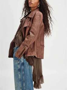 Women Ruffle Sheer Top Long Sleeve Bow Tie Design See Through Mesh Blouse Tops Oversized Flowy Chiffon Tunic Shirts - 淺棕 - 查看 4